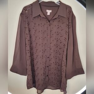 CHICO'S Shirt Size 3 Brown Eyelet Button Down Sheer Sleeves Spring Summer Top